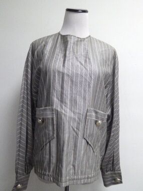 JAMES GALANOS top gray fine stripe pearl buttons Vintage Designer L